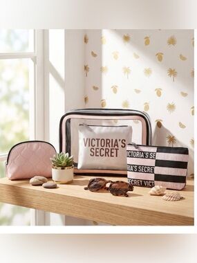 Victoria's Secret 3-Piece Beauty Bag Set Pink Black Striped Cosmetic Travel Case